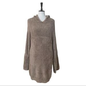 Express Taupe Teddy Hooded Plush Bell Sleeve Sweater Dress Women's Size Large
